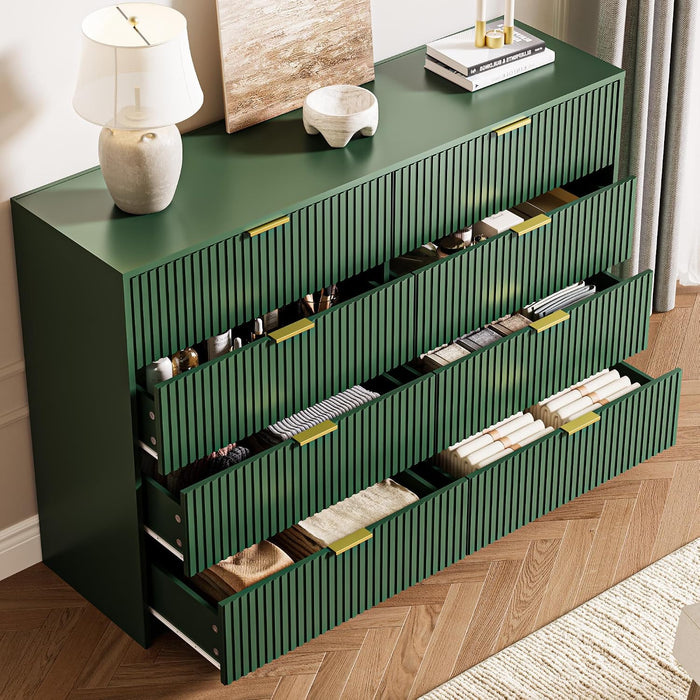 55" Wide Fluted 8-Drawer Double Dresser for Bedroom, Green