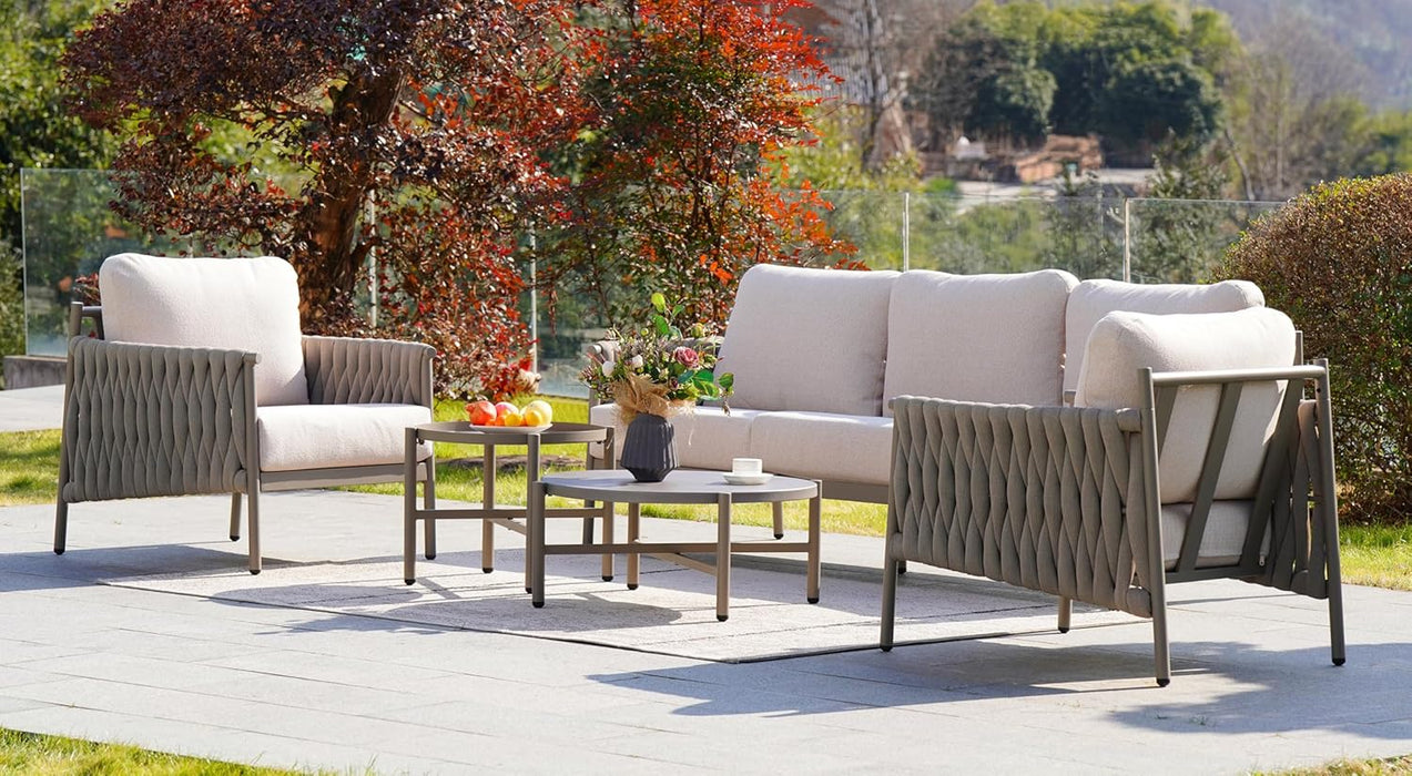 5-Piece Outdoor Furniture Set, Outdoor Sofa Set with 2 round Side Tables, Modern Metal Patio Couch with 6-Inch Thick Waterproof Cushions for Porch Deck Backyard