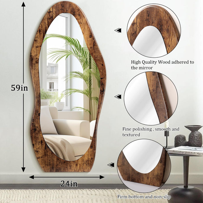 Full Length Mirror Wood Framed Full Body Mirror Wavy Retro Brown