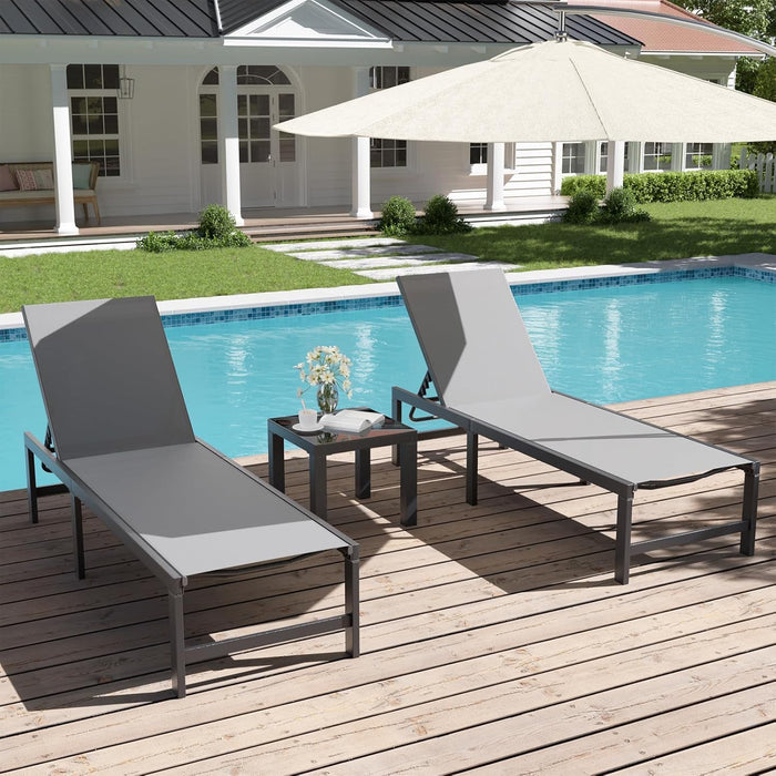Outdoor Chaise Chairs & Table 3 Pieces Pool Lounge Chair, Adjustable Poolside Sunloungers Lay Flat Sunbathing Chaise with Backrest for Patio, Beach, Yard, Pool