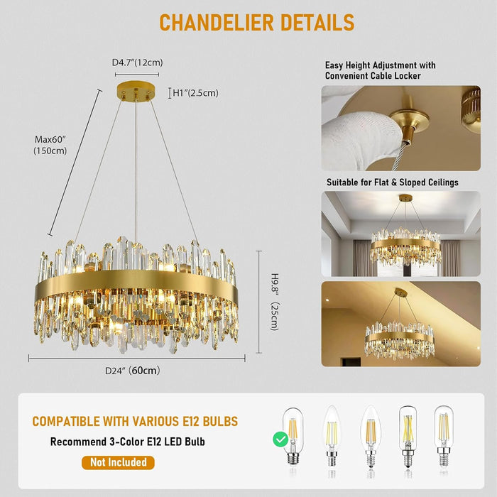 Modern Crystal Chandelier, 24In K9 Crystal Chandeliers for Dining Room, 12 Lights 2 Tier Dimmable round Gold Chandelier, Adjustable Modern Chandeliers for Living Room, Bedroom, Bathroom, Kitchen Foyer