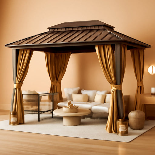 10X12Ft Hardtop Gazebo, Metal Frame with Double Galvanized Steel Roof, Permanent Outdoor Pergola with Curtains and Netting Included for Backyard, Patio, Lawn and Garden, Brown