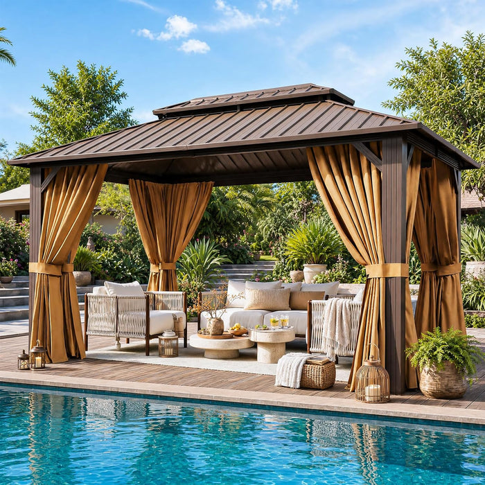 10X12Ft Hardtop Gazebo, Metal Frame with Double Galvanized Steel Roof, Permanent Outdoor Pergola with Curtains and Netting Included for Backyard, Patio, Lawn and Garden, Brown