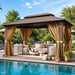 10X12Ft Hardtop Gazebo, Metal Frame with Double Galvanized Steel Roof, Permanent Outdoor Pergola with Curtains and Netting Included for Backyard, Patio, Lawn and Garden, Brown