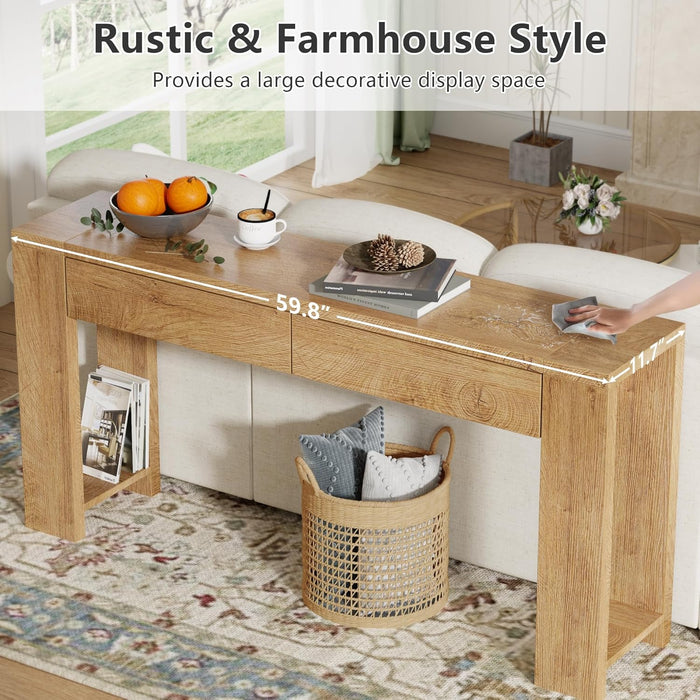 60 Inch Long Entryway Console Table with Drawers, Farmhouse Sofa Table behind Couch, Entrance Accent Table for Hallway, Living Room, Foyer, Bedroom, Wooden Thick Tabletop (Natural)