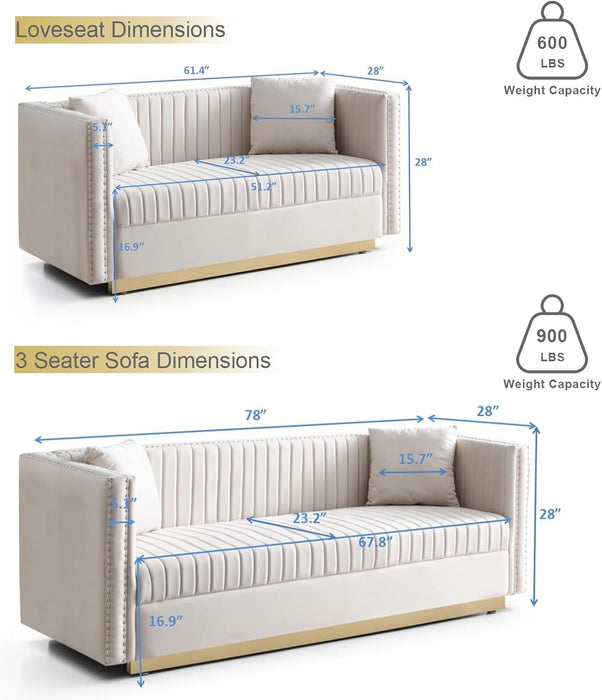 Velvet Sofa Set Luxury Couch Set Living Room Couches and Loveseat Sets Modern Sofa Couch Set L Shaped Couches with Gold Metal Legs and Nailhead for Living Room, Apartment and Office