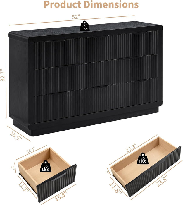 Black Dresser with Thickened Curved Profile Design, 52" Modern Chest of Drawers with 8 Drawers, Wooden Dresser TV Stand, Organizer for Bedroom, Living Room, Hallway