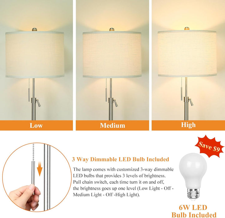 Brushed Nickel Floor Lamps for Living Room, 55"-67" Height Adjustable Modern Tall Lamp, 3-Way Dimmable Standing Lamp for Bedroom Office Reading Corner Home Decor, New House Warming Gifts