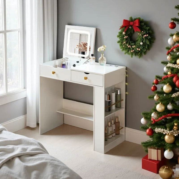 Vanity Desk with Flip Top Mirror, Makeup Vanity Table with 3 Color and Brightness Adjustable, Side Organizer Small Vanity with Storage Compartment, Writing Desk for Bedroom, White