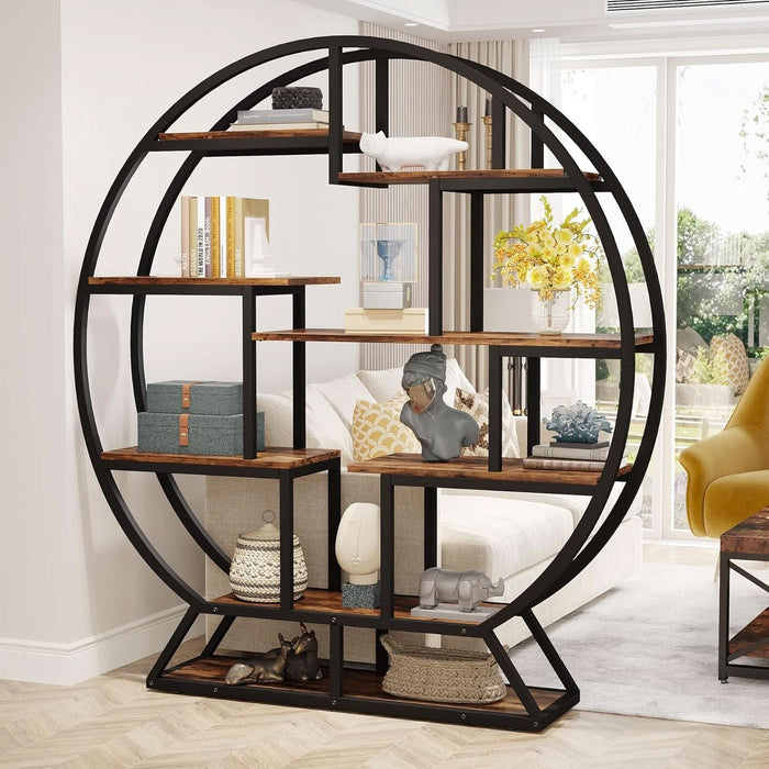Bookshelf, round Bookshelves Etagere Bookcase, 63 Inch Industrial Wood Book Shelf with Staggered Shelves, Rustic Open Shelving Organizer Rack Display Shelf for Home Office, Living Room