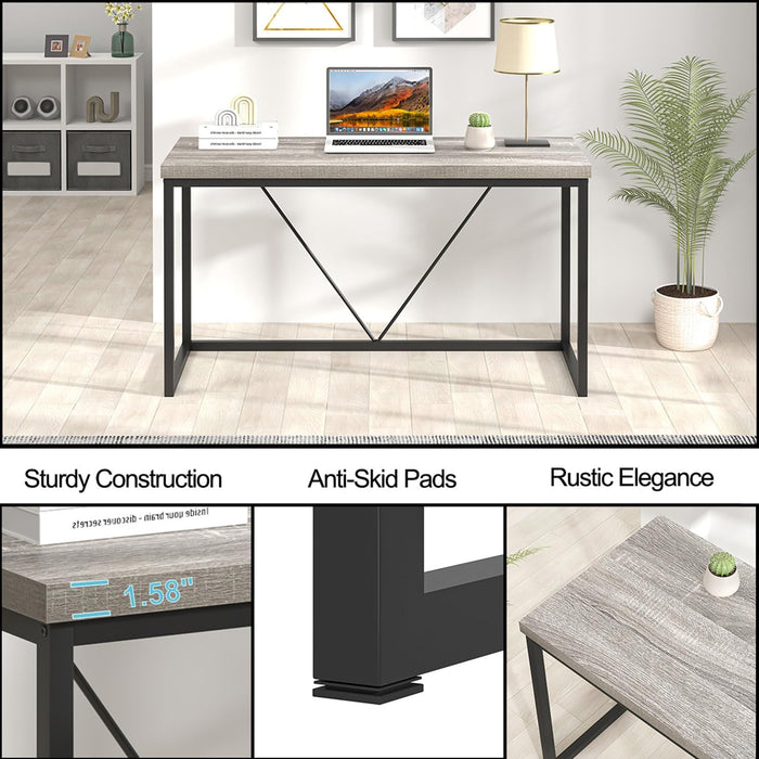 Modern Home Office Desk, Industrial Vintage Computer Desk, Rustic Wood and Metal Study Writing Table, Simple Work Gaming PC Desks for Bedroom Living Room, Light Grey 53 Inch