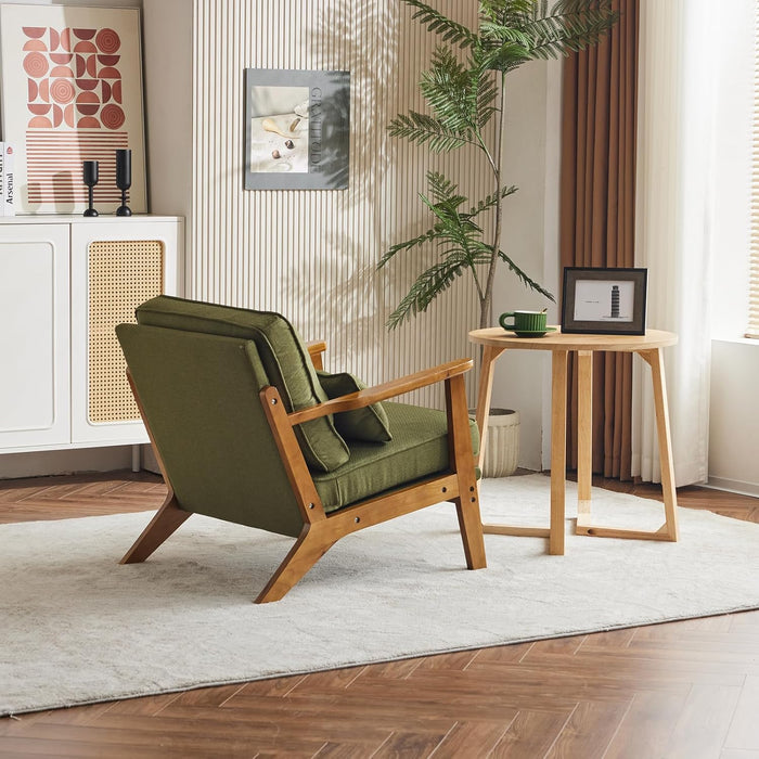 Accent Chair Wide Armrest Mid-Century Lounge Chair Linen Fabric Armchair with Lumbar Pillow & Solid Wood Frame for Living Room, Bedroom, Balcony, Green