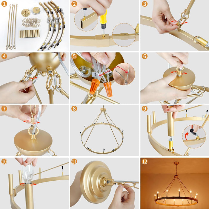 Gold Wagon Wheel Chandelier 37.4 Inch, 12-Light Large round Industrial Gold Farmhouse Chandeliers for High Ceilings Dining Room Living Room Foyer Entryway Outdoor Porch