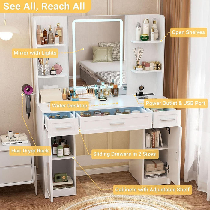 Vanity Desk with Mirror & Lights, 42" Large Farmhouse Vanity with RGB Lights & 3 Drawers, Makeup Dressing Table with Charging Station, 3 Lighting Modes for Women Girls Bedroom