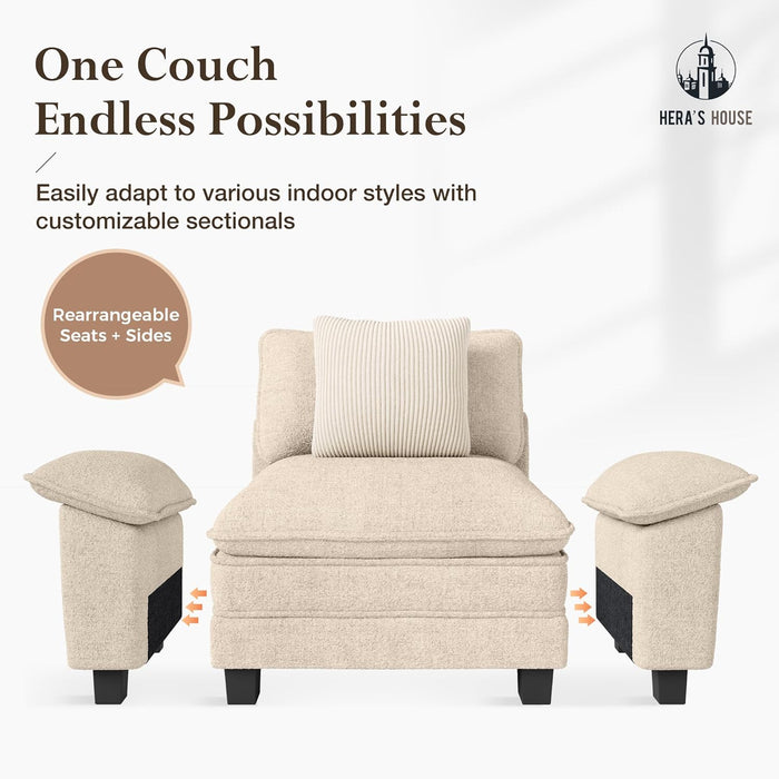 124-Inch Sectional Sofa, Comfy Cloud Couch with 3 Throw Pillows, 3-Seater Modular Sectional Sofa Couches for Living Room, Chenille Beige
