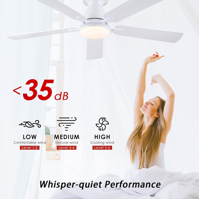 Ceiling Fans with Lights- 52" RGB Low Profile Indoor Ceiling Fan with Light and Remote/App Control, Flush Mount, LED Dimmable DC Reversible Modern Ceiling Fan for Bedroom（White）