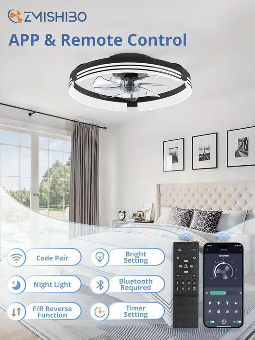 Low Profile Ceiling Fans with Lights and Remote, 20 Inch Flush Mount Ceiling Fan with Light, 3000K-6000K Dimmable Fandelier LED Fan Light, 6 Wind Speeds Black Ceiling Fans for Bedroom