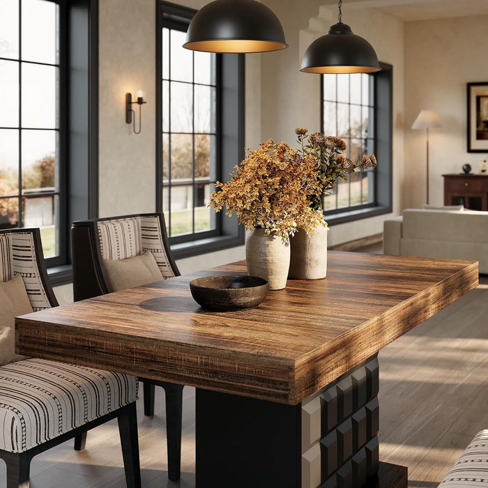 63" Modern Dining Table, Rectangular Dinner Table for 4-6, Farmhouse Kitchen Table, Sturdy Wood Pedestal Base for Kitchen/Dining Room, Rustic Brown & Black