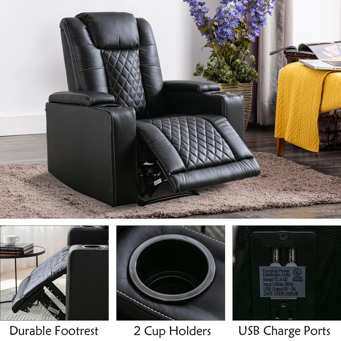 Electric Power Recliner Chair Soft Air Breathable Leather Reclining for Adults with USB Ports and Cup Holders, Black Home Theater Seating with Hidden Arm Storage Movie & Media Room Chairs