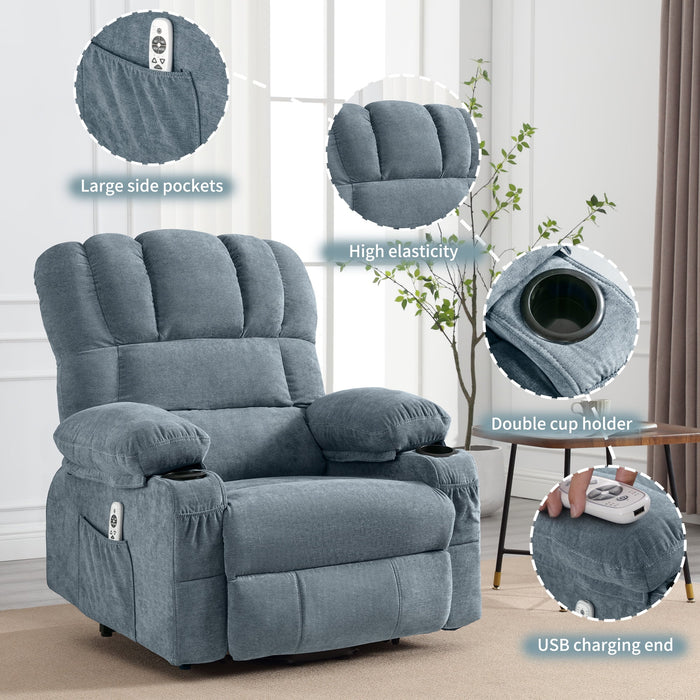 Power Lift Recliner Chair for Elderly, Electric Recliners with Heat and Massage, USB Charge Port, Cup Holders, Infinite Position and Side Pockets, Fabric Single Sofa for Living Room, Blue