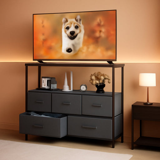 TV Stand Dresser with 5 Fabric Storage Drawers, Media Console Featuring Open Shelf for 45 Inch TV, Compact Entertainment Unit for Bedroom, Living Space, or Dorm Organization, Grey