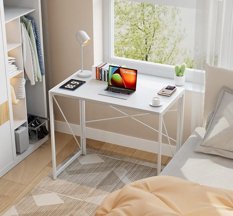 Small Folding Desk 31.5 Inch White Desks, No Assembly Required Computer Desk Spaces Saving Foldable Table for Bedroom, Home Office, Dorm, Apartment, Kids