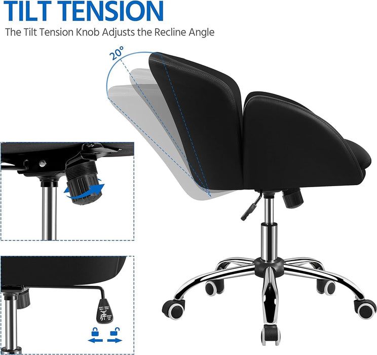 Cute Petal Desk Chair Home Office Swivel Upholstered Leather Makeup Vanity Desk Chair with Armrests for Bedroom Modern Computer Rolling Chair for Women Black