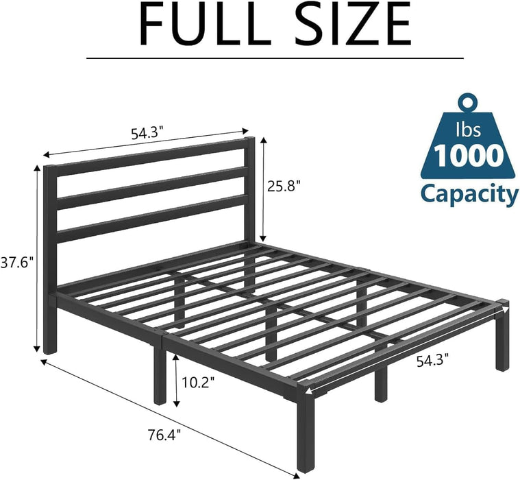 Full Size Metal Bed Frame with Headboard, Metal Slats, Black