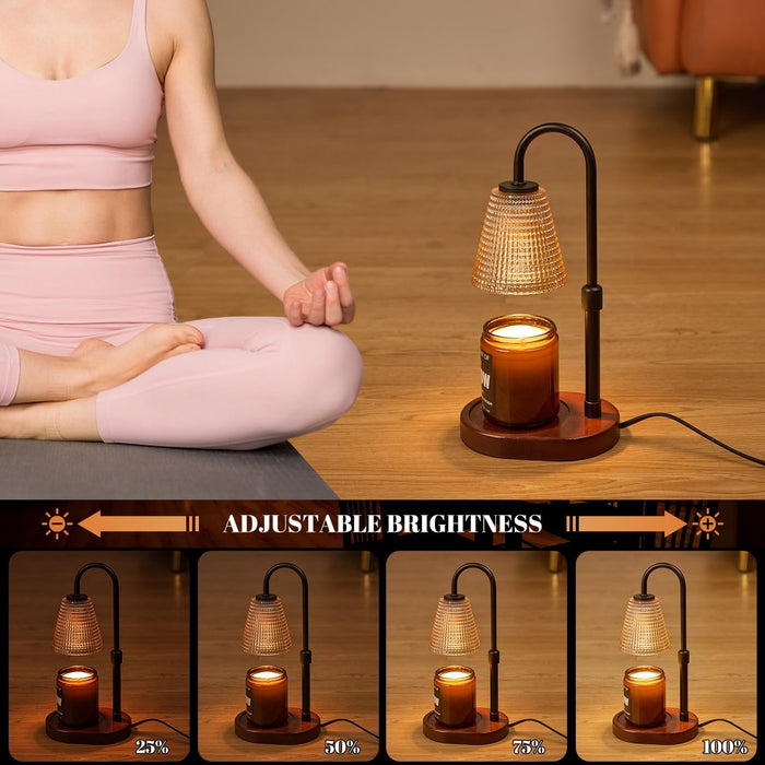 Premium Candle Warmer Lamp with Timer Dimmer-Height Adjustable Wax Melter Suitable for Yankee/Any Jar Candle, Flameless Heater with Wood Base & Amber Glass,New Home Gifts for Women Mom Daughter Friend