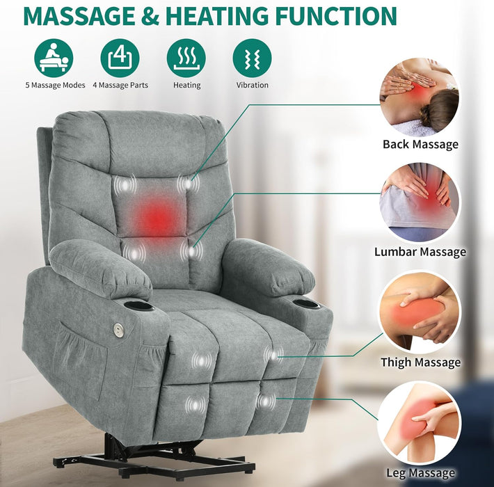 Grey Power Recliner with Massage & Heat