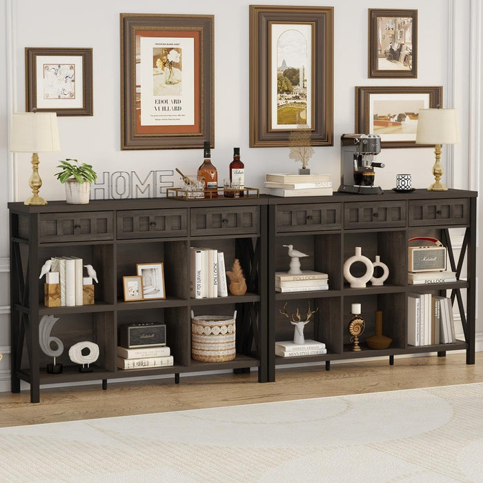 Rustic 6 Cube Storage Organizer Bookshelf with 3 Drawers, Short Low Horizontal Bookshelf for Living Room, Industrial Wood and Metal Cubby Bookcase for Home Office (Walnut Brown, 47 Inch)