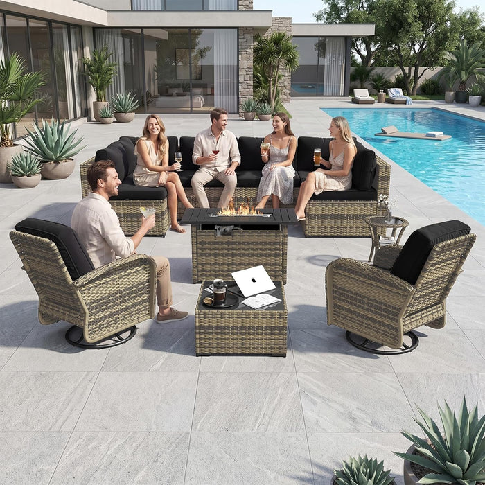11 Piece Outdoor Patio Furniture Set with 44'' Fire Pit Table, Wicker Rattan Outdoor Furniture with High Back Swivel Rocker Chairs, Outdoor Sofa Set with Thick Cushion & Side Table, Black