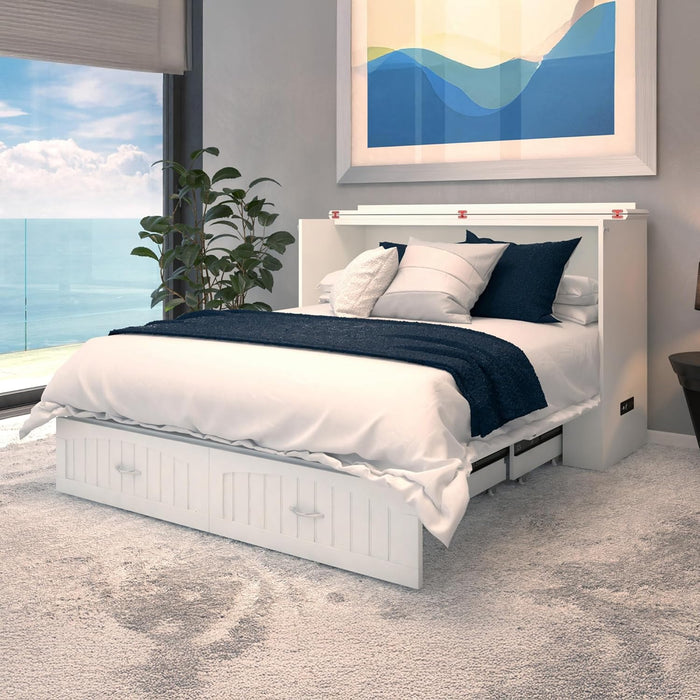 , Southampton Murphy Bed Chest Queen with 6" Mattress, Storage Drawer & Built-In USB Charger, White