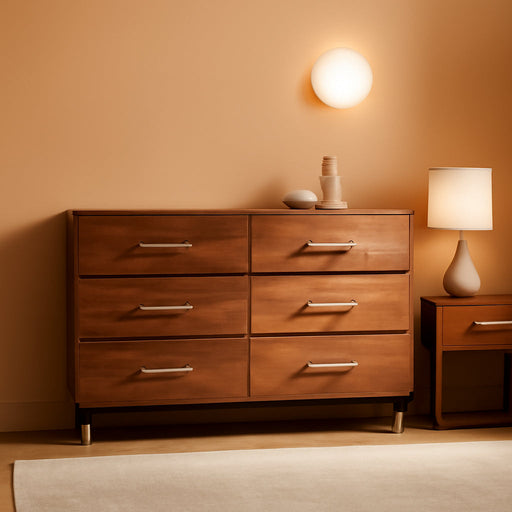 Walnut Dresser for Bedroom, 6 Drawer Brown Wood Dresser with Modern Storage Organizer, Wide Chest of Drawers for Closet, Clothes, Living Room