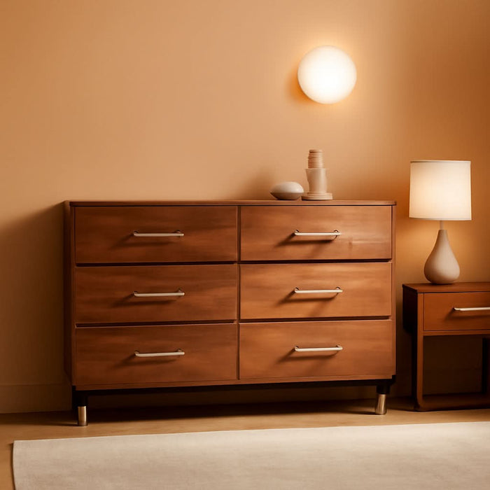 Walnut Dresser for Bedroom, 6 Drawer Brown Wood Dresser with Modern Storage Organizer, Wide Chest of Drawers for Closet, Clothes, Living Room