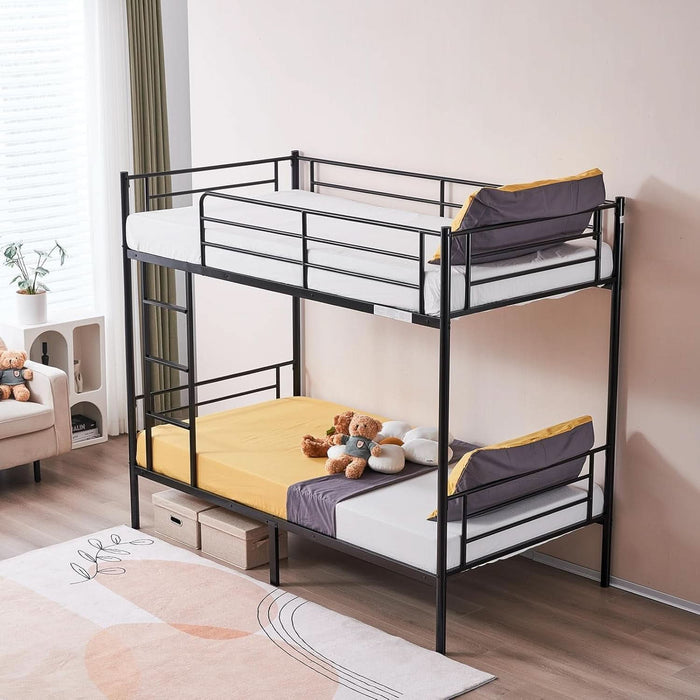 Black Bunk Bed Twin over Twin, Metal Bunk Bed with Built-In Ladder and Safety Guardrail, Space-Saving Twin Bunk Beds for Kids, Teens & Adults, No Box Spring