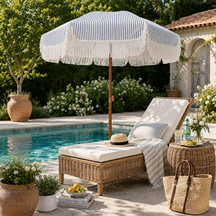 7Ft Patio Umbrella with Fringe Outdoor Tassel Umbrella UPF50+ Premium Steel Pole and Ribs Push Button Tilt, Navy Blue Stripes