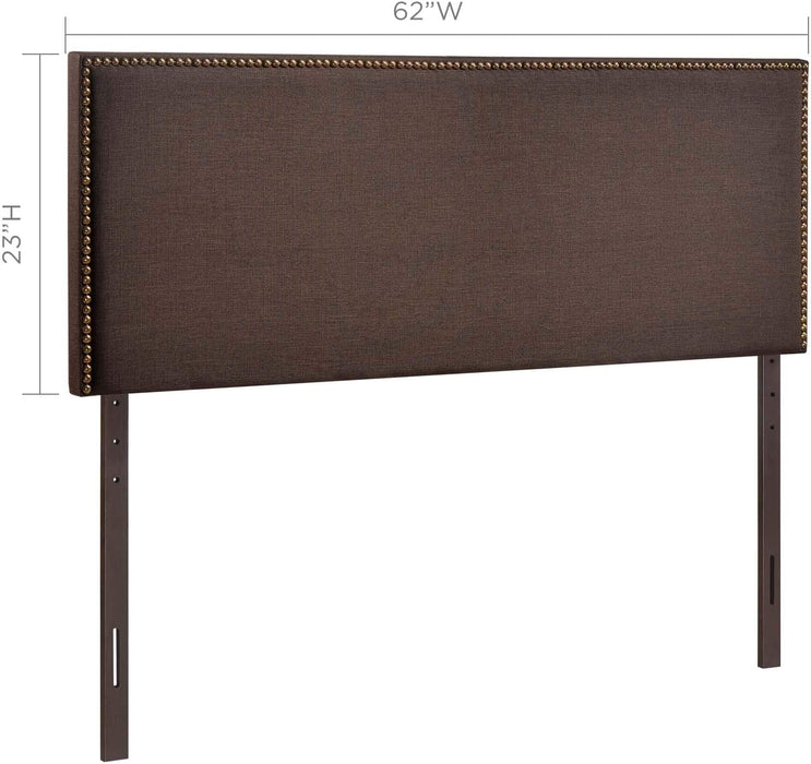 Region Linen Fabric Upholstered Queen Headboard in Dark Brown with Nailhead Trim
