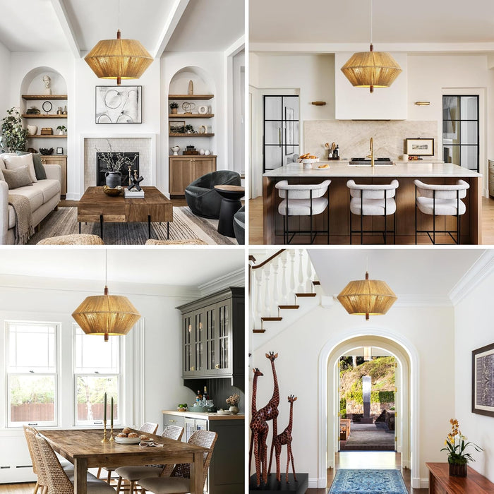 Modern Farmhouse Boho Chandelier,3-Light Chandeliers for Dining Room Light Fixture,Adjustable Rustic Pendant Light Hanging Fixture for Kitchen Island Foyer Entryway,Handwoven Cotton Rope Shade