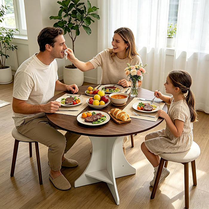 32" round Dining Table Modern Circle Small Kitchen Table for 2-4 People Farmhouse Dining Room Table with Amber Wood Top & Pedestal Base for Dining Room/Kitchen/Living Room