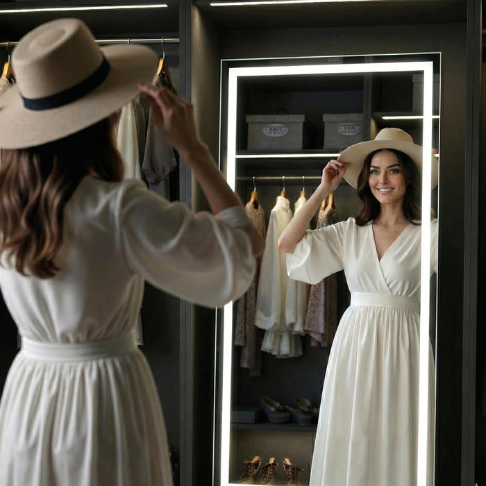 71" X 26" Arched Full Length Mirror with LED Lights, Floor Mirror with Stand, Wall Mirror Full Length, Body Floor Mirror, Wall Mounted Mirror for Bedroom, Dimmable, Tempered Glass