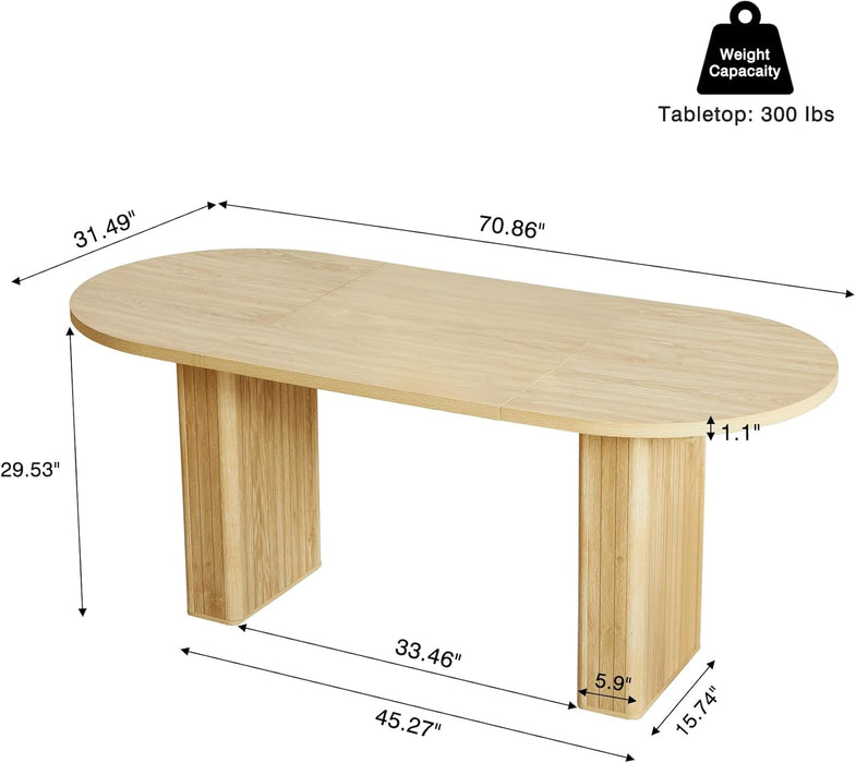 70.8 Inch Kitchen Dining Table for 4-6 People, Oval Kitchen Table with Wood Strip Base, Modern Farmhouse Large round Dining Room Tables for Kitchen Living Room (Natural)