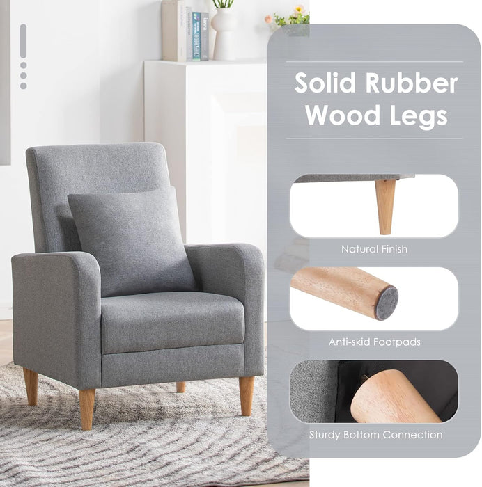 Fabric Accent Living Room Chairs Set of 2, Upholstered Arm Chair Reading Side Chair, Single Sofa with Back Pillow and Wood Legs, Light Grey