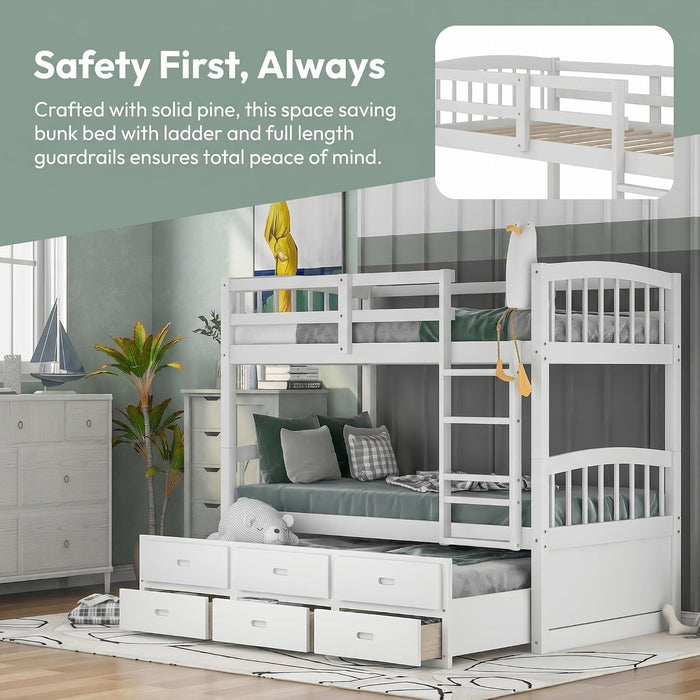 Harper&Bright Designs Twin over Twin Bunk Bed with Safety Rail, Ladder, White Twin Trundle Bed with 3 Drawers for Kids, Teens Bedroom, Guest Room Furniture