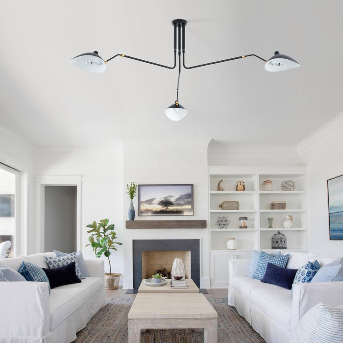 85" Mid-Century Chandelier, Matt Black Finish with Adjustable 3-Arms Large Pendant Lighting Fixture for Dining Room Living Room Kitchen Island Bedroom 3-Light