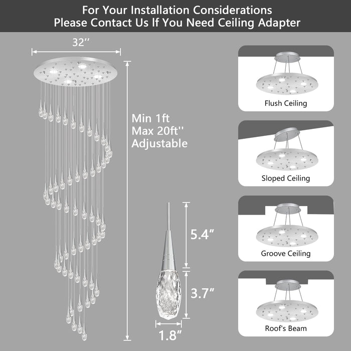 56-Lights 20 Feet Large Modern Chandelier LED Light Fixtures High Ceiling Long Light Chandelier for Entrance Foyer Dimmable Lights with Remote Living Room Ceiling Pendant Lighting Shine Silver