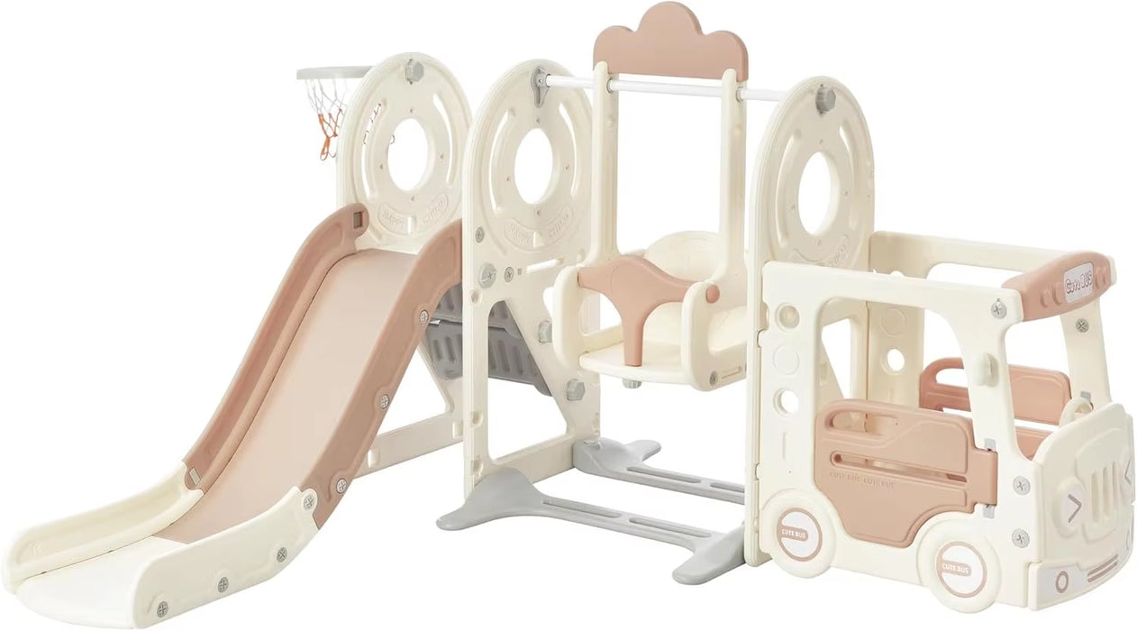 5-In-1 Kids Slide with Swing, Indoor Baby Slide Swing Set with Basketball Hoop, Climber & Bus Playhouse, Outdoor Slide Playset F