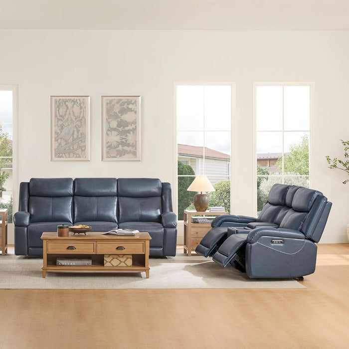 Genuine Leather Power Recliner Sofa, 3 Seater Wall Hugger Reclining Sofas with Power Headrest, USB & Typec Ports, Electric Recliner Couch Set for Living Room, Navy