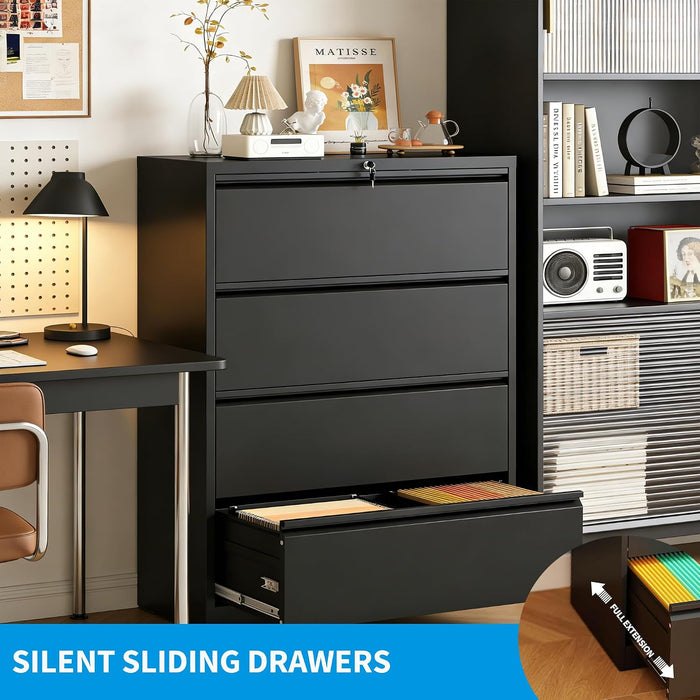 4 Drawer Lateral File Cabinet with Lock, Heavy Duty Wide Steel Filing Cabinet for Home Office, 36" W Horizontal Storage Cabinet for Letter/Legal/A4/F4 Hanging Files, Easy Assembly (Black)