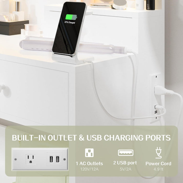 Makeup Vanity Desk with Mirror, Lights and Charging Station, White Vanity with 3 Lighting Modes, Dressing Table Set with 4 Drawers and Storage Chair for Bedroom